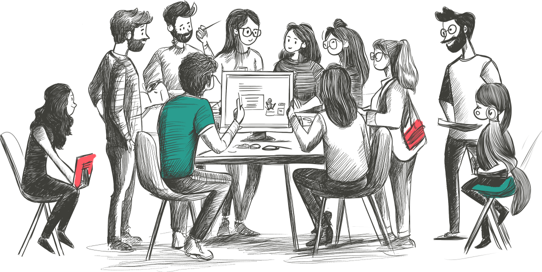 Sketch of a team of professionals working together around a table with a computer on it