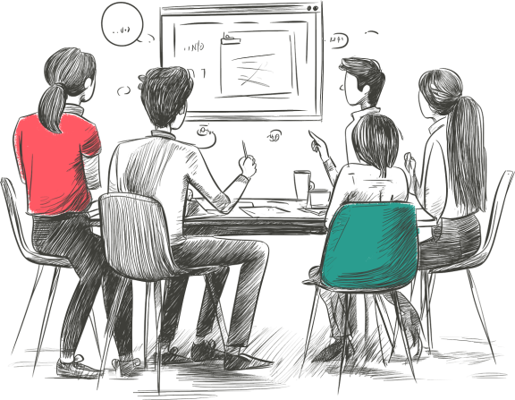 Sketch showing a team of people working around a table