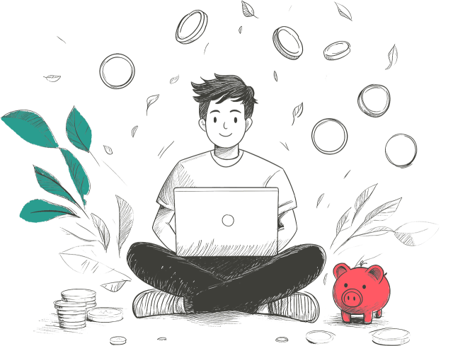 Sketch of a man sat on a laptop surrounded by coins and a piggy bank