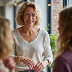 Becky smiling whilst speaking with the team