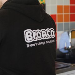 Bronco logo on the back of a hoodie