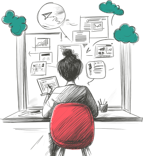 Sketch of web designer working at a window